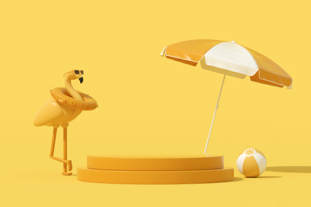 夏季讲台展示产品，充气火烈鸟在黄色背景图片下载