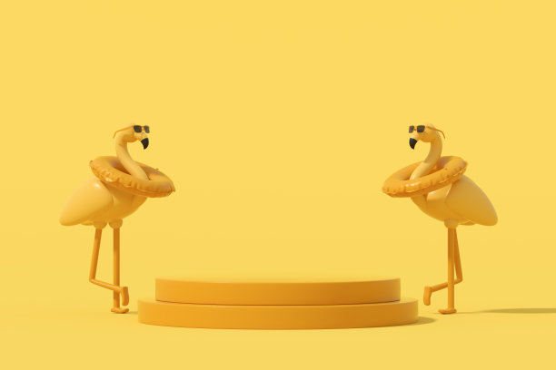 夏季讲台展示产品，充气火烈鸟在黄色背景图片下载