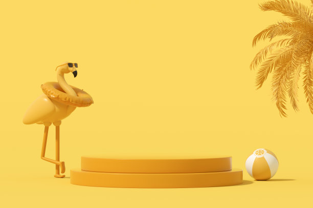 夏季讲台展示产品，充气火烈鸟在黄色背景图片下载