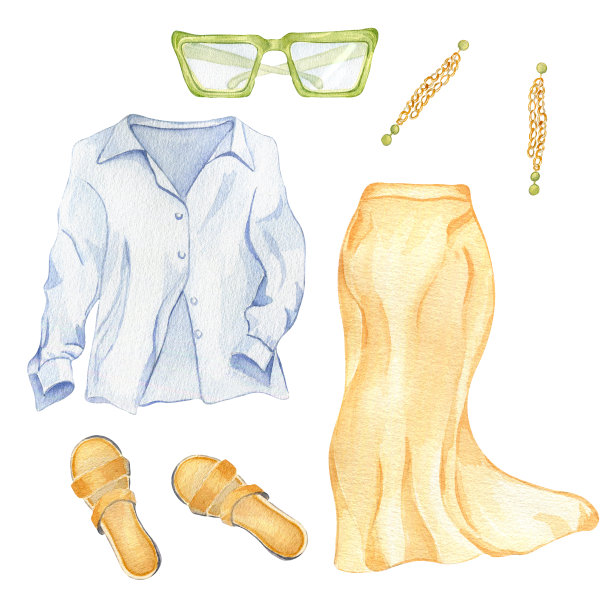 一套女子夏装水彩插图孤立在白色上。女性风格的服装，衬衫，裙子，凉鞋和太阳镜手绘。设计商店，销售，杂志，包装，展示图片下载