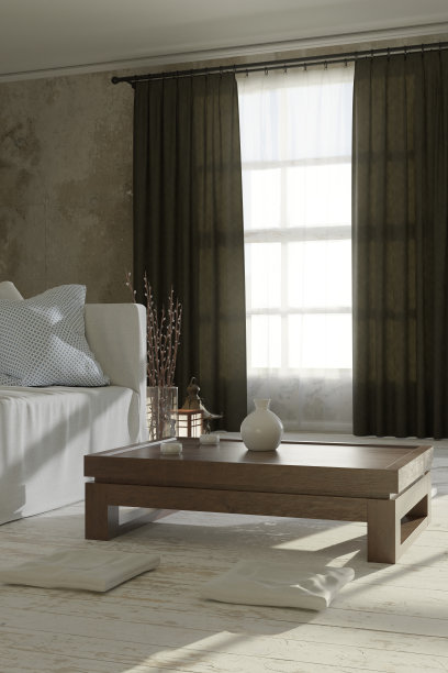 宽敞的客厅的3D渲染与日本桌子和垃圾墙在侘侘风格图片下载