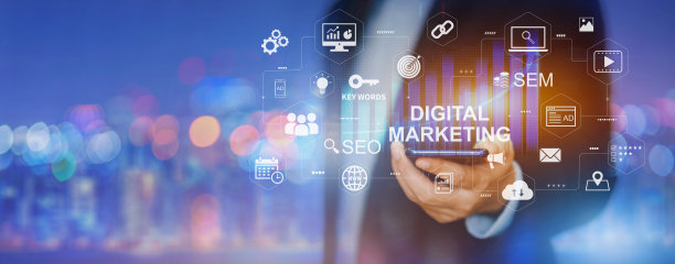 数字营销商业技术旗帜网站与复制空间。网站广告电子邮件社交媒体网络，SEO, SEM视频和虚拟屏幕中的移动应用程序图标。图片下载