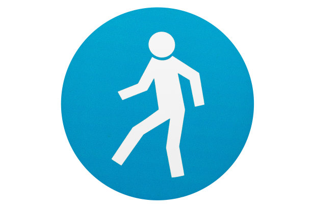 蓝色背景上的人物图形。图片圆形警告标志。孤立在白色背景上。图片下载