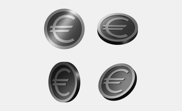 风格化的银金属纹理欧洲硬币孤立在浅灰色背景。三维渲染图片下载