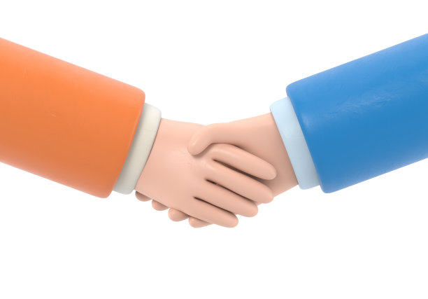 卡通手势图标模型。交易图标。卡通人物握手。商业剪贴艺术3D渲染在白色背景。图片下载