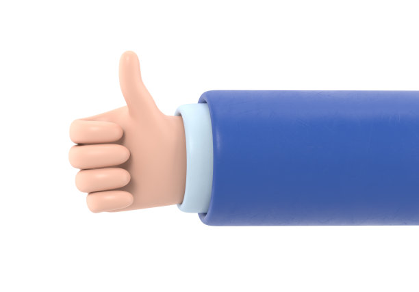 卡通手势图标模型。商人手显示大拇指向上，三维渲染在白色背景。图片下载