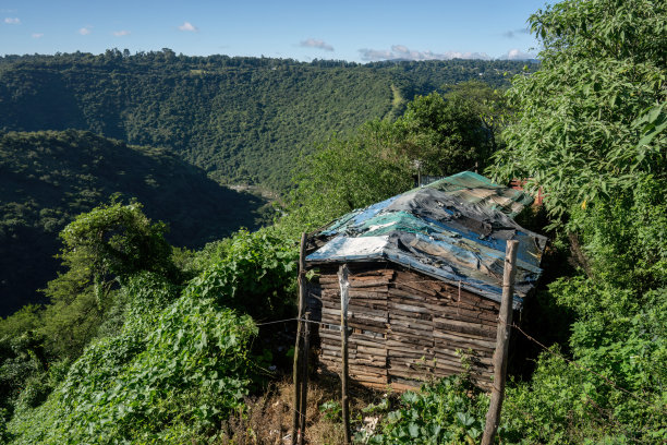 绿色山谷边上的乡村小屋。图片下载