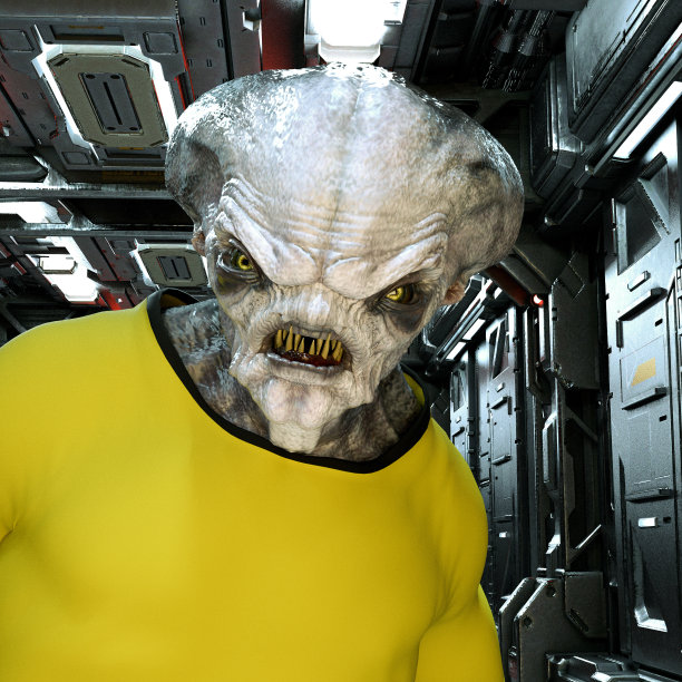 一个穿着黄色衬衫的外星人站在宇宙飞船的走廊里，看起来很生气。图片下载