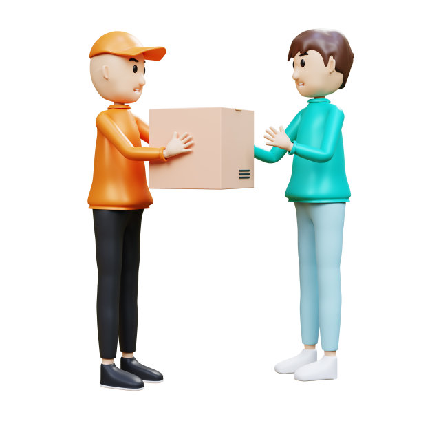 年轻人收到快递员送来的纸箱。电子商务概念，网上购物和移动应用程序，网页，应用程序设计。三维渲染图片下载