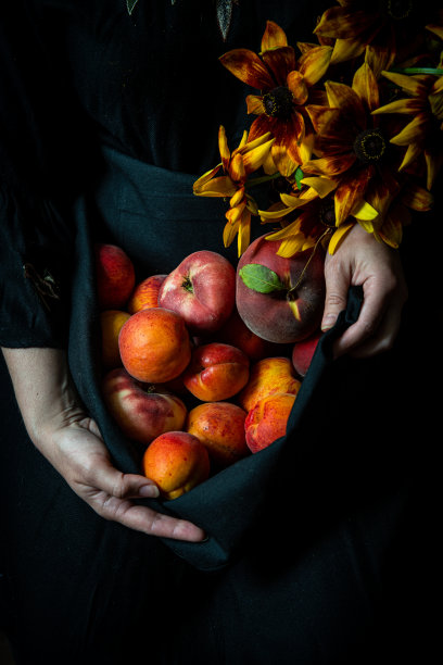 围裙里夹着新鲜桃子和杏子的女人。图片下载