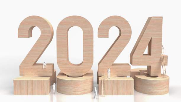 木材文字2024和数字为业务概念3d渲染图片下载