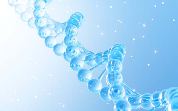 漂浮的分子和DNA在蓝色背景，生物学和美容医学概念，3d渲染。图片下载