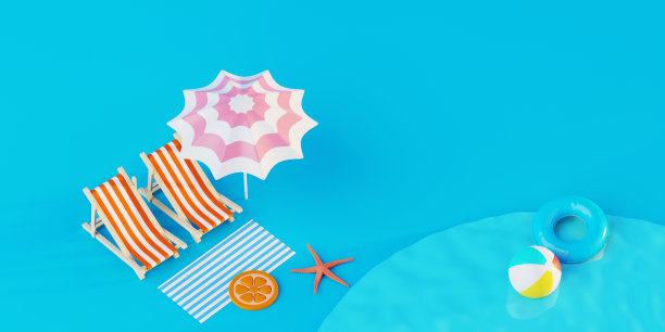 暑假海滩抽象的背景概念，最小现实的展示平台的产品模型或化妆品与夏季主题，沙滩伞，沙子，椅子，充气环。三维渲染图片下载