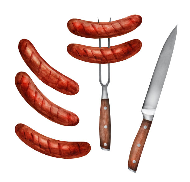 用叉子夹着热香肠。水彩插图图片下载