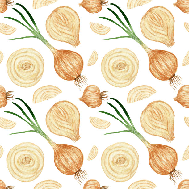 水彩图案，蔬菜，植物。无缝的洋葱图案，白色背景上重复的元素切片。图片下载