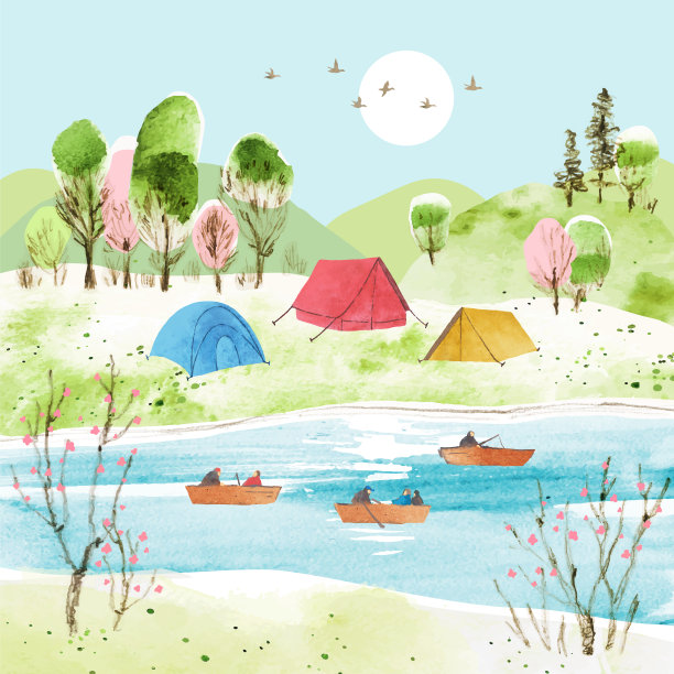 春季水彩矢量插图与帐篷，渔民在船上，树木，河流和山脉。春天钓鱼。旅行的概念。插图与素描海报，明信片，横幅图片下载