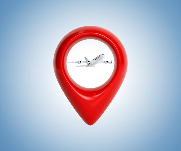 带有飞机图标的地图指针。机场位置概念。旅行概念与地图销和飞机。图标隔离在蓝色背景上。3 d渲染。3 d演示。图片下载