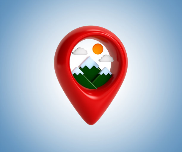红色位置图标为山，登山路线到顶峰，远足概念，现实的3d设计在塑料卡通风格。图标隔离在蓝色背景上。三维渲染图片下载