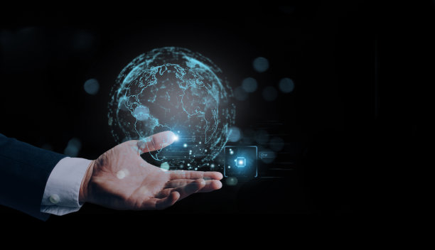 AI(人工智能)成长概念。商人手握全球全息影像技术。商业技术链接数字营销。大数据与金融银行。图片下载