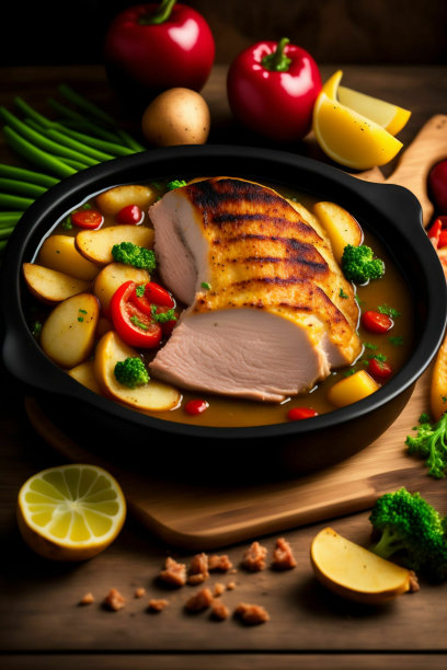 蔬菜烤猪肉。用黑色煎锅烤蔬菜和猪肉。这张照片是用神经网络拍摄的。图片下载