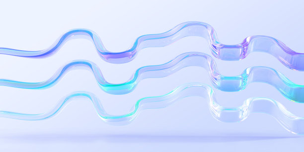 抽象几何背景与全息玻璃曲线丝带3d渲染。彩虹透明水晶形状，水波与液体梯度纹理，数字艺术组成图片下载