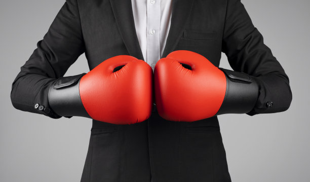 剪裁镜头的年轻商人戴拳击手套和西装图片下载