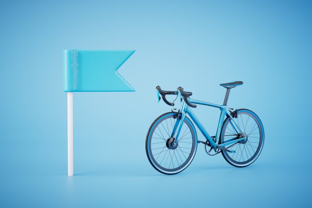 骑自行车旅行。自行车和道路旗帜上的蓝色背景。三维渲染图片下载