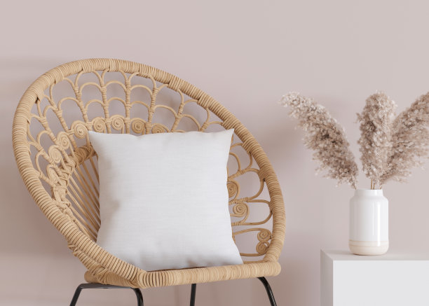 现代房间白色方形枕头。空白靠垫案例模板为您的图形设计演示。枕头套模拟打印，图案，个性化的插图。特写镜头。3 d渲染。图片下载