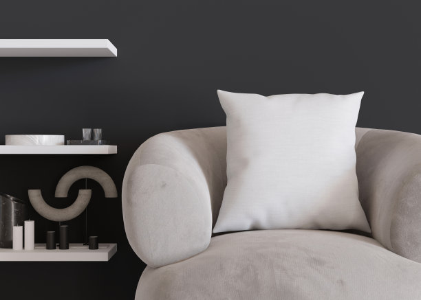 现代房间白色方形枕头。空白靠垫案例模板为您的图形设计演示。枕头套模拟打印，图案，个性化的插图。特写镜头。3 d渲染。图片下载