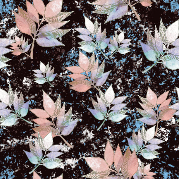 粉红色的叶子在深色的背景和大理石纹理。叶片无缝花纹。图片下载