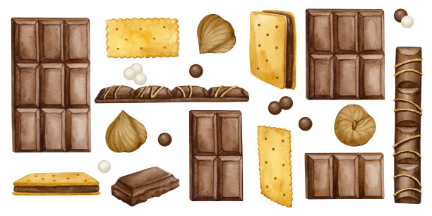 糖果系列:巧克力棒，饼干，坚果。手绘水彩画。元素的集合。图片下载
