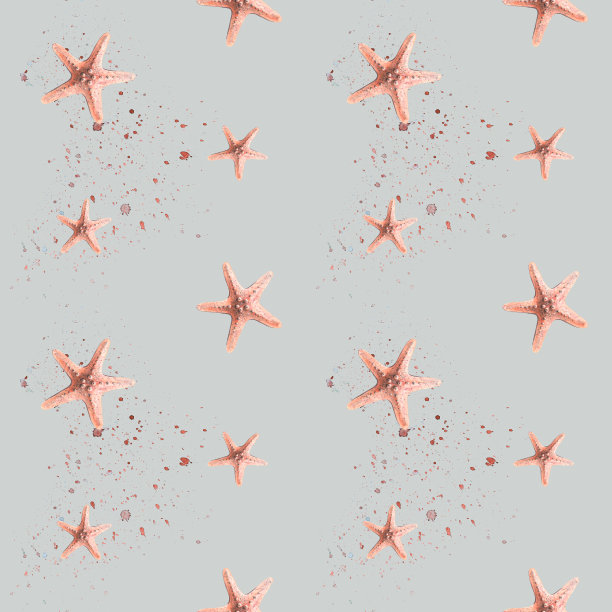 珊瑚色的海星，灰色背景上有飞溅的颜料。水彩插图。无缝模式从美杜莎和海马系列。用于织物、纺织品、壁纸。图片下载