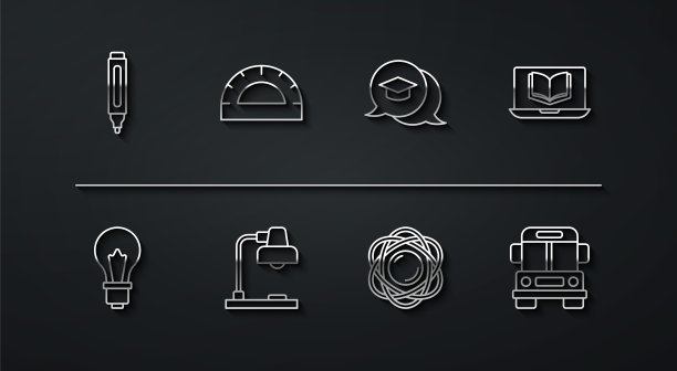 设置线记号笔，创意灯泡，在线课堂，原子，台灯，量角器网格，校车和毕业帽演讲气泡图标。向量图片下载