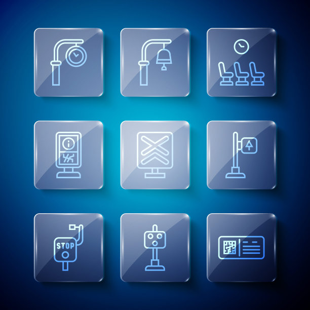 设置线路紧急刹车，列车红绿灯，二维码售票列车，候车室，铁路道口，信息站，车站时钟和道路路标图标。向量图片下载