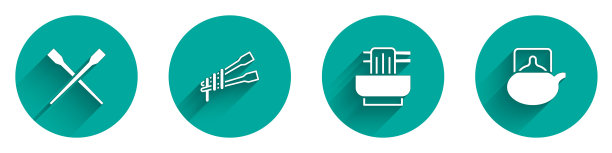 餐具筷子，面条，亚洲碗和传统茶道图标长影子。向量图片下载