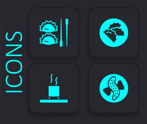 一盘黄瓜，筷子饺子，一杯茶图标。黑色方形按钮。向量图片下载