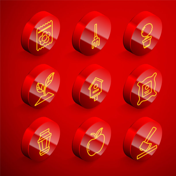 集线包装植物的种子，花园耙，花在锅，植物，鸟房子，灯灯和苹果图标。向量图片下载