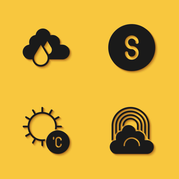 集云与雨，彩虹云，太阳和指南针南图标与长阴影。向量图片下载