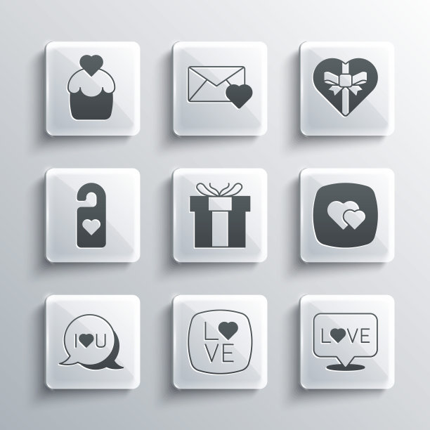 设置爱的文字，心，礼盒，言语泡泡我爱你，请不要打扰与心，婚礼蛋糕和糖果形状的图标。向量图片下载