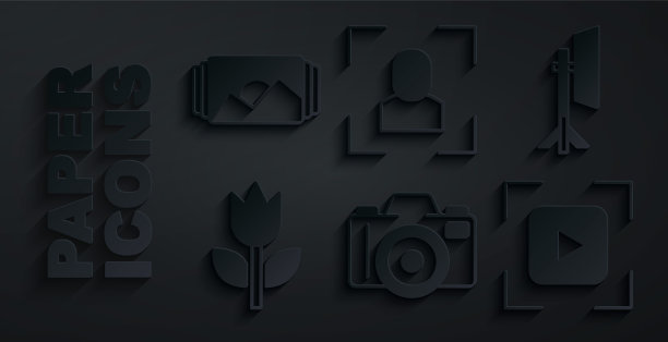 设置照片相机、软箱中的工作室灯泡、模式微距、相机对焦框线和图标。向量图片下载