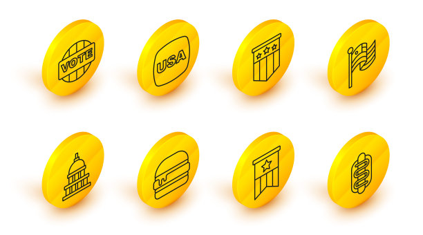 设置线热狗三明治，美国国旗，汉堡，白宫，美国独立日和投票图标。向量图片下载