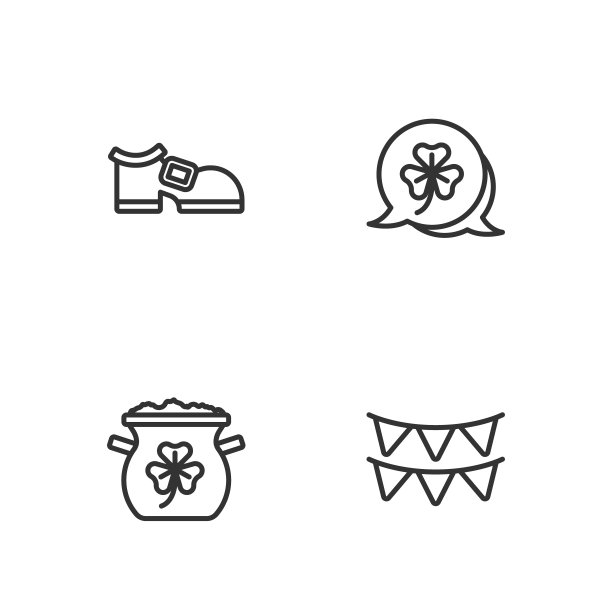 集行嘉年华花环与旗帜，罐金币，妖精靴子和三叶草三叶草叶图标。向量图片下载