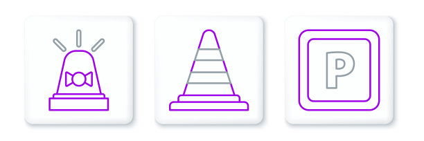 设置线停车，闪光警报器和交通锥图标。向量图片下载