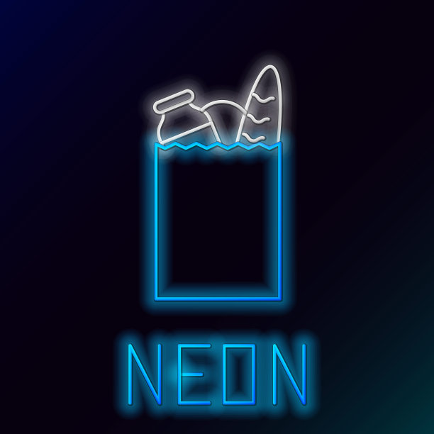 蓝色发光霓虹灯线纸购物袋和食品图标隔离在黑色背景。食品店，超市。彩色轮廓概念。矢量图图片下载