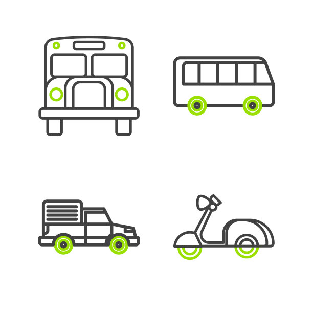 设置线踏板车，交付货物卡车车辆，公共汽车和学校图标。向量图片下载