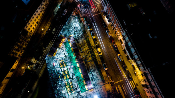 里斯本市中心的夜间航拍图像，在一个公共花园上方图片下载