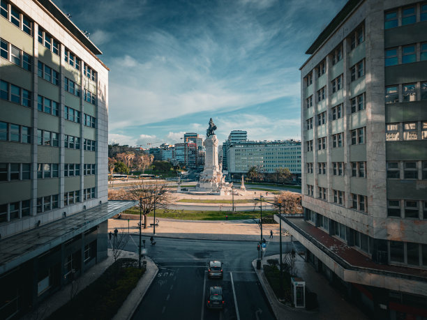 白天城市附近的航拍图像，里斯本的蓬巴尔马奎斯广场位于建筑物和街道中间图片下载