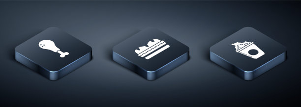 设置等距鸡腿，爆米花在纸板箱和三明治图标。向量图片下载