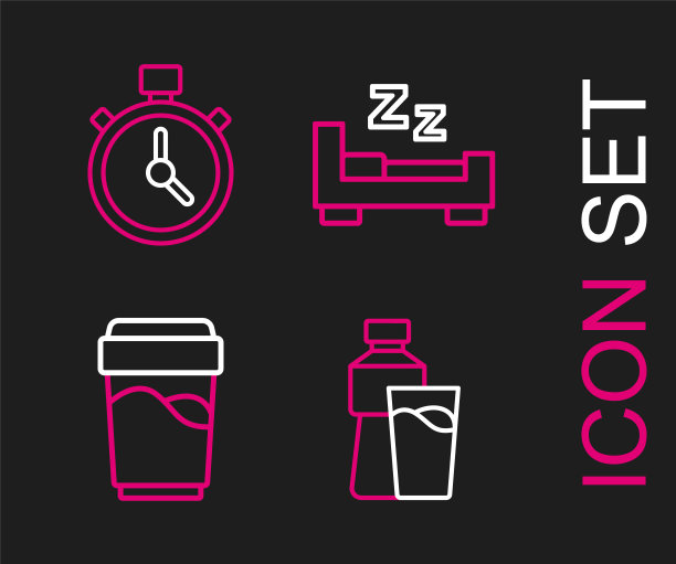 设置线瓶水与玻璃，玻璃，时间睡觉和秒表图标。向量图片下载