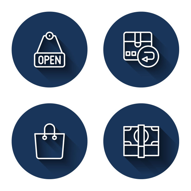 设置行挂标志与文字打开，归还纸箱，纸制购物袋和堆叠纸币现金与长影子。蓝色圆圈按钮。向量图片下载